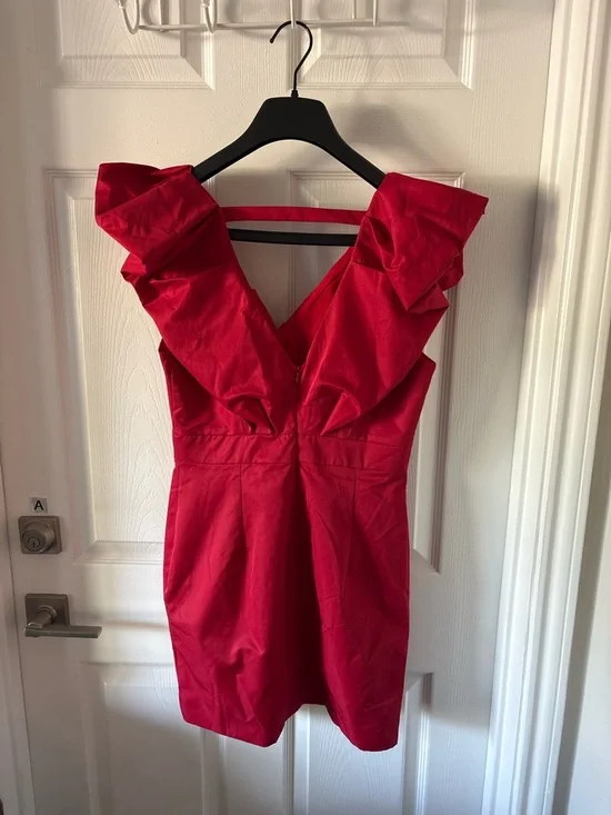 DO+BE Red Ruffle V-Neck Mini Dress Size L - Picture 4 of 7